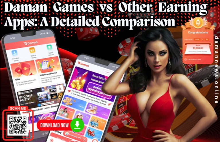 A promotional digital graphic comparing Daman Games with other earning apps. The image features two smartphones displaying the Daman Games app interface, a glamorous woman in a red dress, casino elements like dice and poker chips, and a congratulatory bonus screen. A "Download Now" button with a QR code is also present.