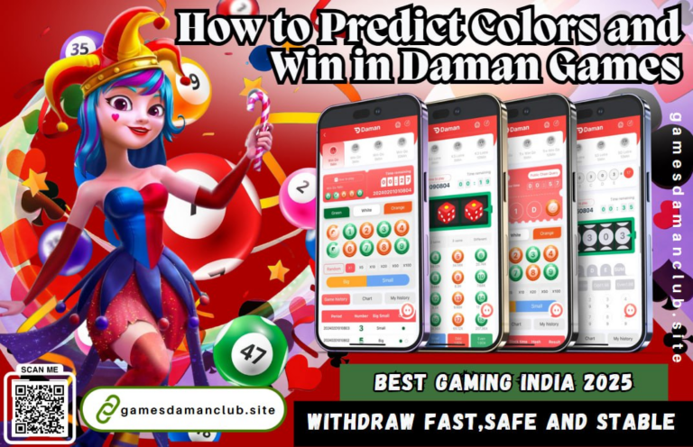 A colorful advertisement for Daman Games featuring a fantasy-themed animated character dressed as a jester, holding a wand. The background includes lottery balls and casino elements. Four smartphones display the Daman Games app interface, showing color prediction games. The text reads, "How to Predict Colors and Win in Daman Games." The ad promotes the game with phrases like "Best Gaming India 2025" and "Withdraw Fast, Safe, and Stable." A QR code and a website link (gamesdamanclub.site) are included for easy access.