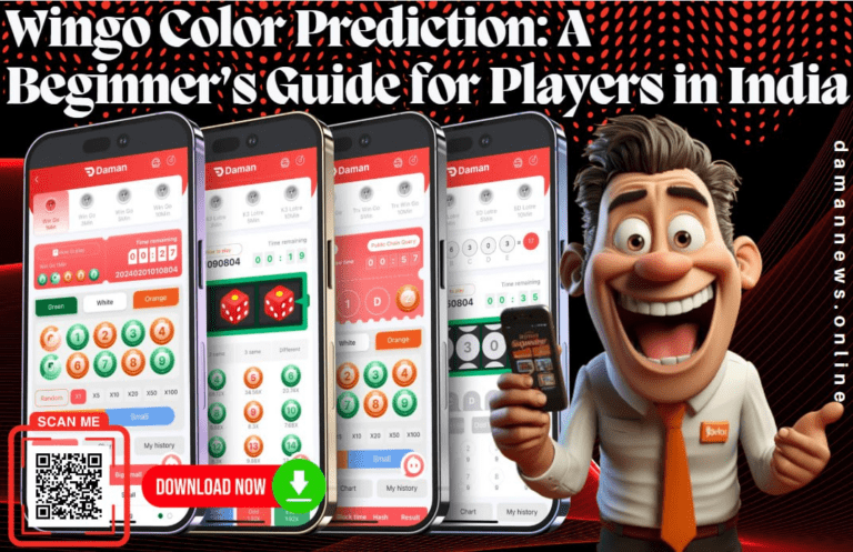 A digital advertisement for "Wingo Color Prediction: A Beginner’s Guide for Players in India" featuring a cheerful cartoon character holding a smartphone. The background showcases four mobile phones displaying the Daman app interface with game elements, including numbers, dice, and color options (Green, White, and Orange). A QR code labeled "SCAN ME" and a green "DOWNLOAD NOW" button are present for app download. The website "damannews.online" is displayed on the right side.