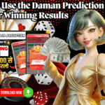 Colorful promotional image featuring a cartoon-style girl, money, casino cards, and roulette wheel, highlighting the Daman Prediction App with claims of “100% winning trick” and real cash rewards up to ₹25,000. Includes “Download Now” button, QR code, and slogan “Withdraw Fast, Safe and Stable.”