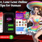 Colorful promotional image titled "Win More, Lose Less: Online Casino Tips for Daman Users," featuring a cheerful character in a rainbow dress and sombrero, holding a smartphone. Multiple gaming app screens are displayed, along with a QR code and a "Download Now" button.