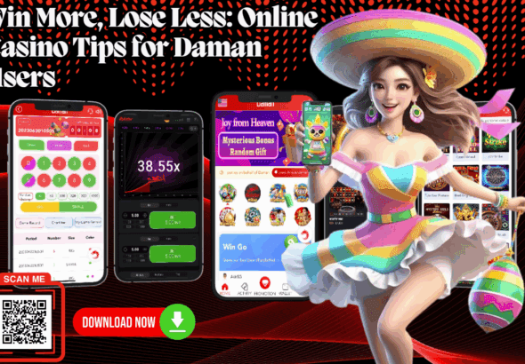 Colorful promotional image titled "Win More, Lose Less: Online Casino Tips for Daman Users," featuring a cheerful character in a rainbow dress and sombrero, holding a smartphone. Multiple gaming app screens are displayed, along with a QR code and a "Download Now" button.