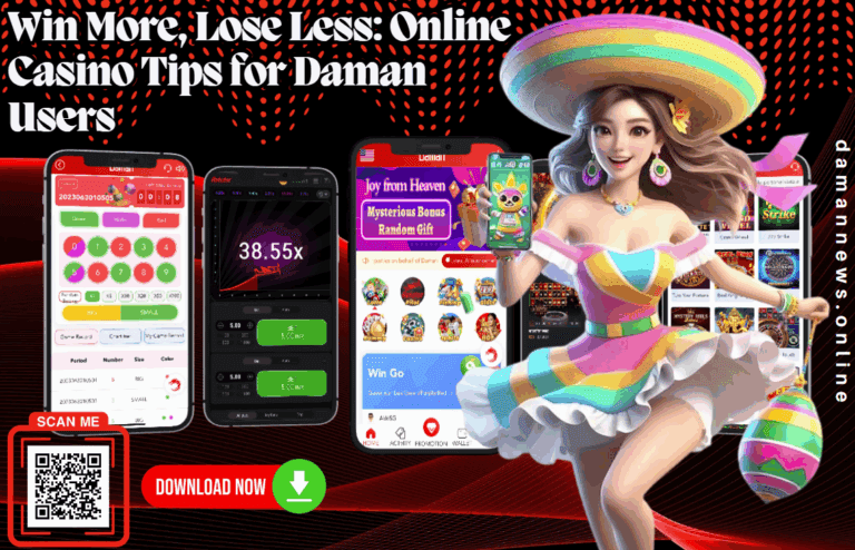 Colorful promotional image titled "Win More, Lose Less: Online Casino Tips for Daman Users," featuring a cheerful character in a rainbow dress and sombrero, holding a smartphone. Multiple gaming app screens are displayed, along with a QR code and a "Download Now" button.
