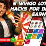 A cheerful woman holding a smartphone gives a thumbs-up in front of a colorful prize wheel and mobile screens showing the Daman Games app. Bold text reads “5 Wingo Lottery Hacks for Bigger Earnings,” with a QR code and a “Download Now” button displayed.