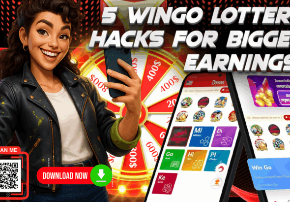 A cheerful woman holding a smartphone gives a thumbs-up in front of a colorful prize wheel and mobile screens showing the Daman Games app. Bold text reads “5 Wingo Lottery Hacks for Bigger Earnings,” with a QR code and a “Download Now” button displayed.