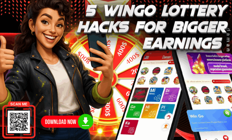 A cheerful woman holding a smartphone gives a thumbs-up in front of a colorful prize wheel and mobile screens showing the Daman Games app. Bold text reads “5 Wingo Lottery Hacks for Bigger Earnings,” with a QR code and a “Download Now” button displayed.