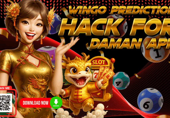 Colorful promotional banner for “Wingo Prediction Hack for Daman App” featuring a cheerful animated woman in a golden traditional outfit beside a cute dragon mascot holding cash in front of a slot machine. Lottery balls, golden confetti, and a "Download Now" QR code button are also present. Text emphasizes a prediction hack for the Daman app.