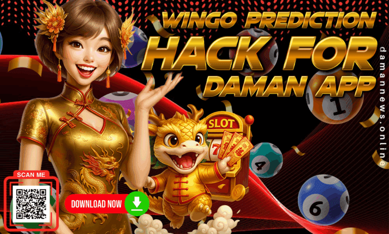 Colorful promotional banner for “Wingo Prediction Hack for Daman App” featuring a cheerful animated woman in a golden traditional outfit beside a cute dragon mascot holding cash in front of a slot machine. Lottery balls, golden confetti, and a "Download Now" QR code button are also present. Text emphasizes a prediction hack for the Daman app.