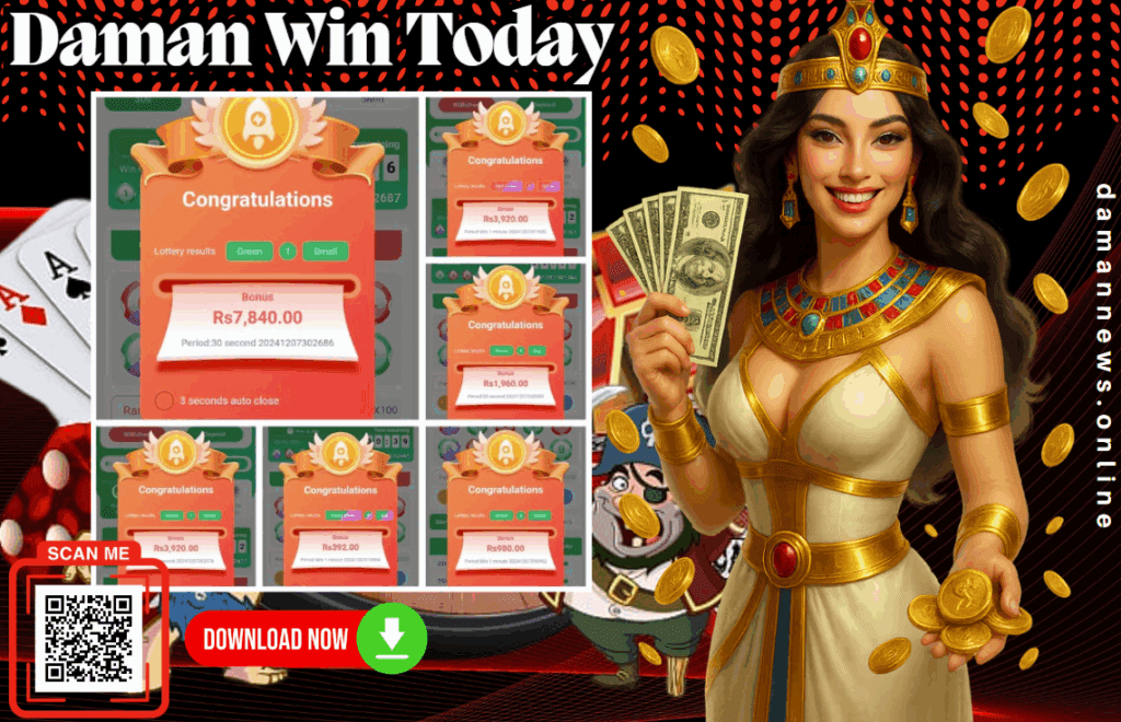Promotional graphic showing multiple winning screenshots from the Daman win app with a total win of Rs 7,840 and other smaller amounts.