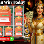 Promotional graphic showing multiple winning screenshots from the Daman win app with a total win of Rs 7,840 and other smaller amounts. A smiling woman dressed as an Egyptian queen is holding cash and gold coins, symbolizing wealth. The background includes cards, coins, and a pirate character. A QR code and “Download Now” button are visible, promoting the app available at damannews.online.