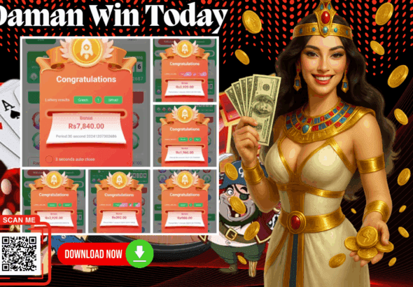 Promotional graphic showing multiple winning screenshots from the Daman win app with a total win of Rs 7,840 and other smaller amounts. A smiling woman dressed as an Egyptian queen is holding cash and gold coins, symbolizing wealth. The background includes cards, coins, and a pirate character. A QR code and “Download Now” button are visible, promoting the app available at damannews.online.