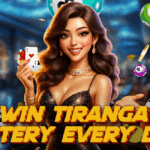 Glamorous woman holding playing cards with lottery balls and coins floating around her, promoting the chance to "Win Tiranga Lottery Every Day" in a vibrant casino setting.