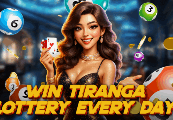 Glamorous woman holding playing cards with lottery balls and coins floating around her, promoting the chance to "Win Tiranga Lottery Every Day" in a vibrant casino setting.