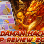 A fierce golden dragon holds a glowing orb while coins fly around, next to a smartphone screen displaying the Daman app interface. Bold red text at the bottom reads “Daman Hack App Review 2025.”