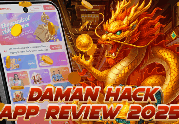 A fierce golden dragon holds a glowing orb while coins fly around, next to a smartphone screen displaying the Daman app interface. Bold red text at the bottom reads “Daman Hack App Review 2025.”