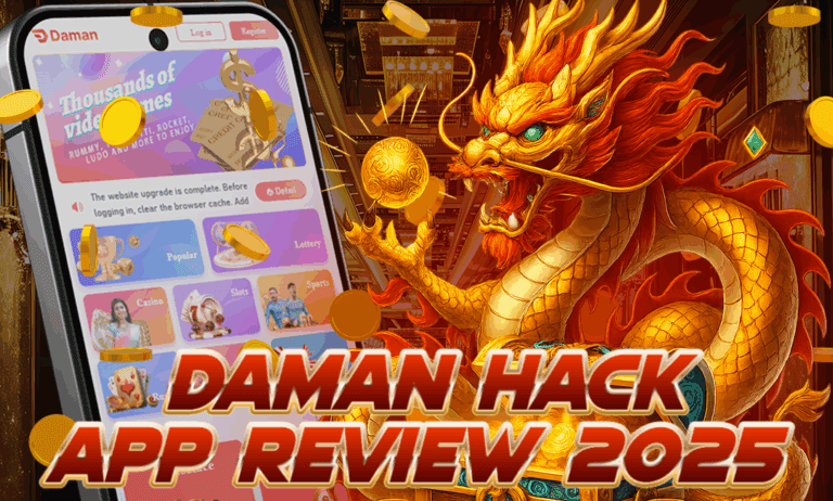 A fierce golden dragon holds a glowing orb while coins fly around, next to a smartphone screen displaying the Daman app interface. Bold red text at the bottom reads “Daman Hack App Review 2025.”
