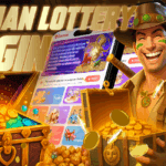 : A smiling explorer holding a chest of gold coins stands beside treasure-filled boxes, with the Daman Games login screen displayed on a smartphone in the background. The image features glowing coins, gems, and slot machines, with bold golden text that reads “Daman Lottery Login.”
