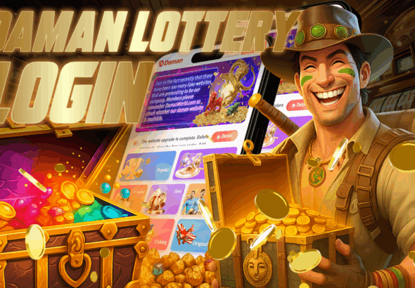 : A smiling explorer holding a chest of gold coins stands beside treasure-filled boxes, with the Daman Games login screen displayed on a smartphone in the background. The image features glowing coins, gems, and slot machines, with bold golden text that reads “Daman Lottery Login.”