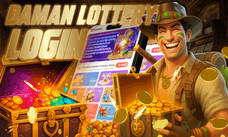 : A smiling explorer holding a chest of gold coins stands beside treasure-filled boxes, with the Daman Games login screen displayed on a smartphone in the background. The image features glowing coins, gems, and slot machines, with bold golden text that reads “Daman Lottery Login.”