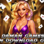 Blonde woman in a shiny purple dress surrounded by flying poker chips and playing cards, promoting the Daman Games Login Download Guide.