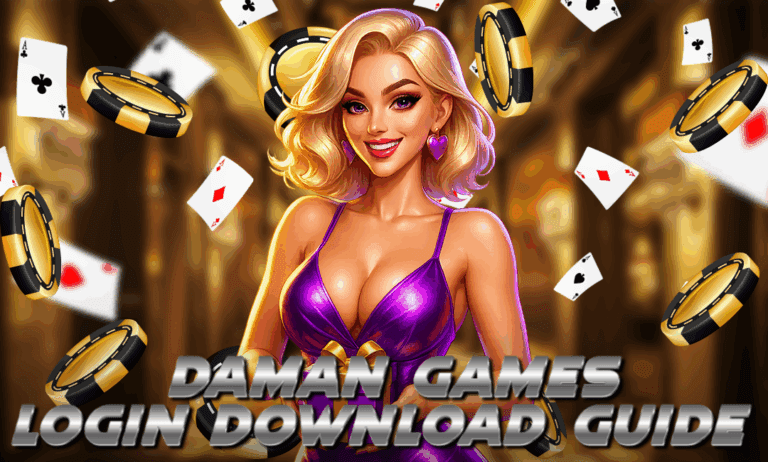 Blonde woman in a shiny purple dress surrounded by flying poker chips and playing cards, promoting the Daman Games Login Download Guide.