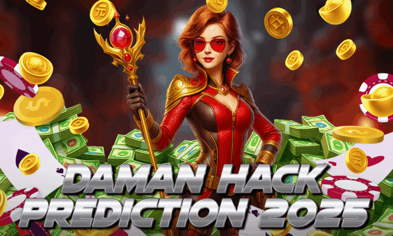 A confident female character in a red and gold outfit holding a magical staff stands in front of piles of money, poker chips, and gold coins. Bold text reads “Daman Hack Prediction 2025.”