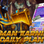 An Egyptian-style jackal god holding a golden treasure chest, with flying currency and a Daman app screen in the background, titled “Daman Earning Daily Plan.”
